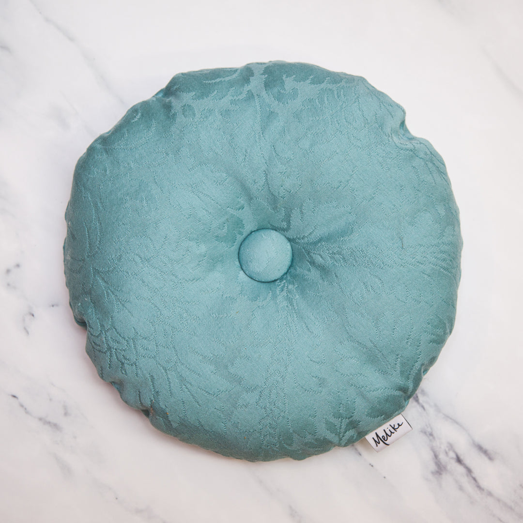 Round Tufted Throw Pillow, Teal Damask