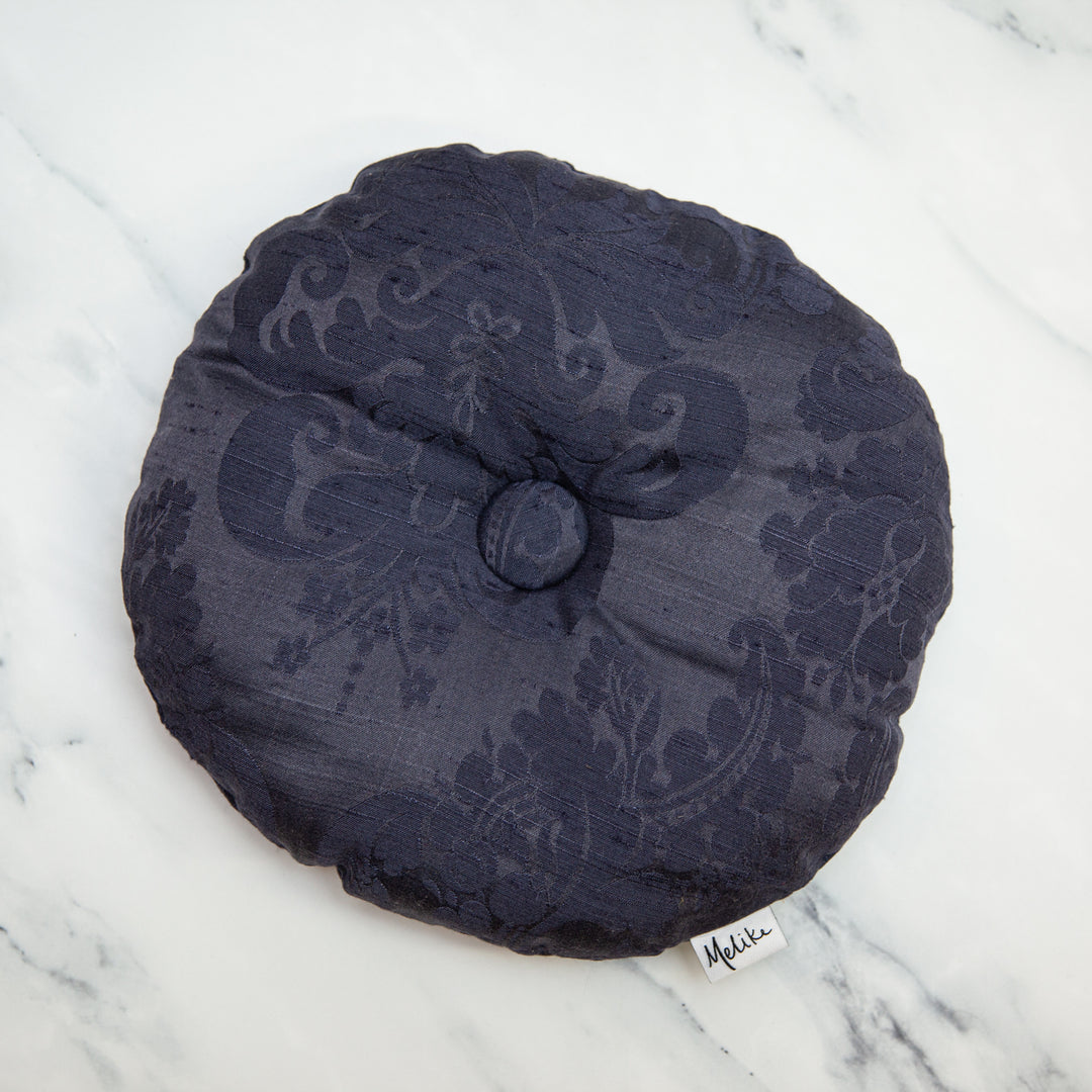 Round Tufted Throw Pillow, Navy Blue Damask