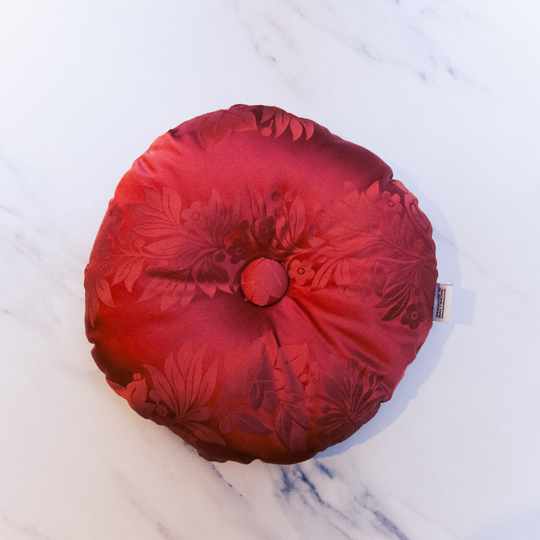 Round Tufted Throw Pillow, Red Damask